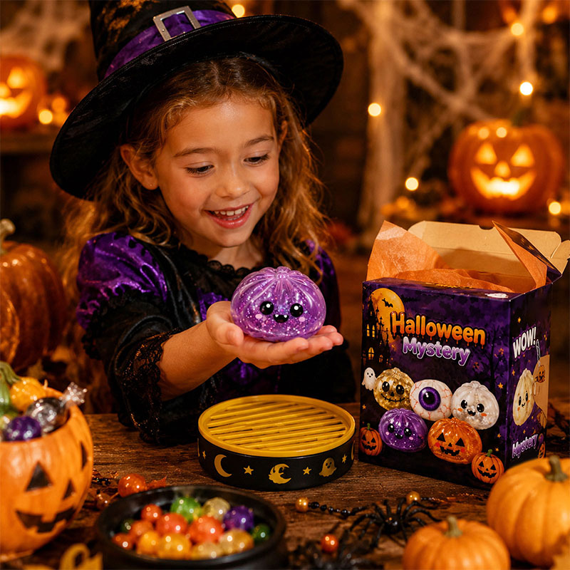 👁️ Halloween Dumpling Squishy Toy: Glow-in-the-Dark Spooky Steamer Blind Box! 🎃